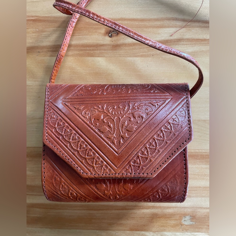 Vintage Brown Embossed Leather Crossbody Bag